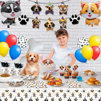 Puppy Dog Birthday Party Supplies,148Pcs Dog Party Decorations & Dog Birthday Party Tableware Set- Dog Birthday Banner,Puppy Balloons&Puppy Party Plates Cups Table Cloth