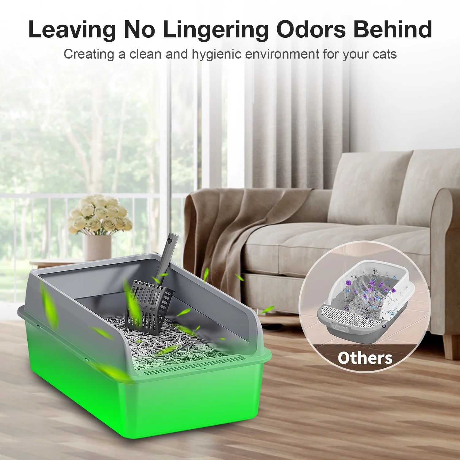 XL Stainless Steel Cat Litter Box for Multiple Cats, MS-60 Metal Cat Litter Box with Scoop & Mat, Khaki