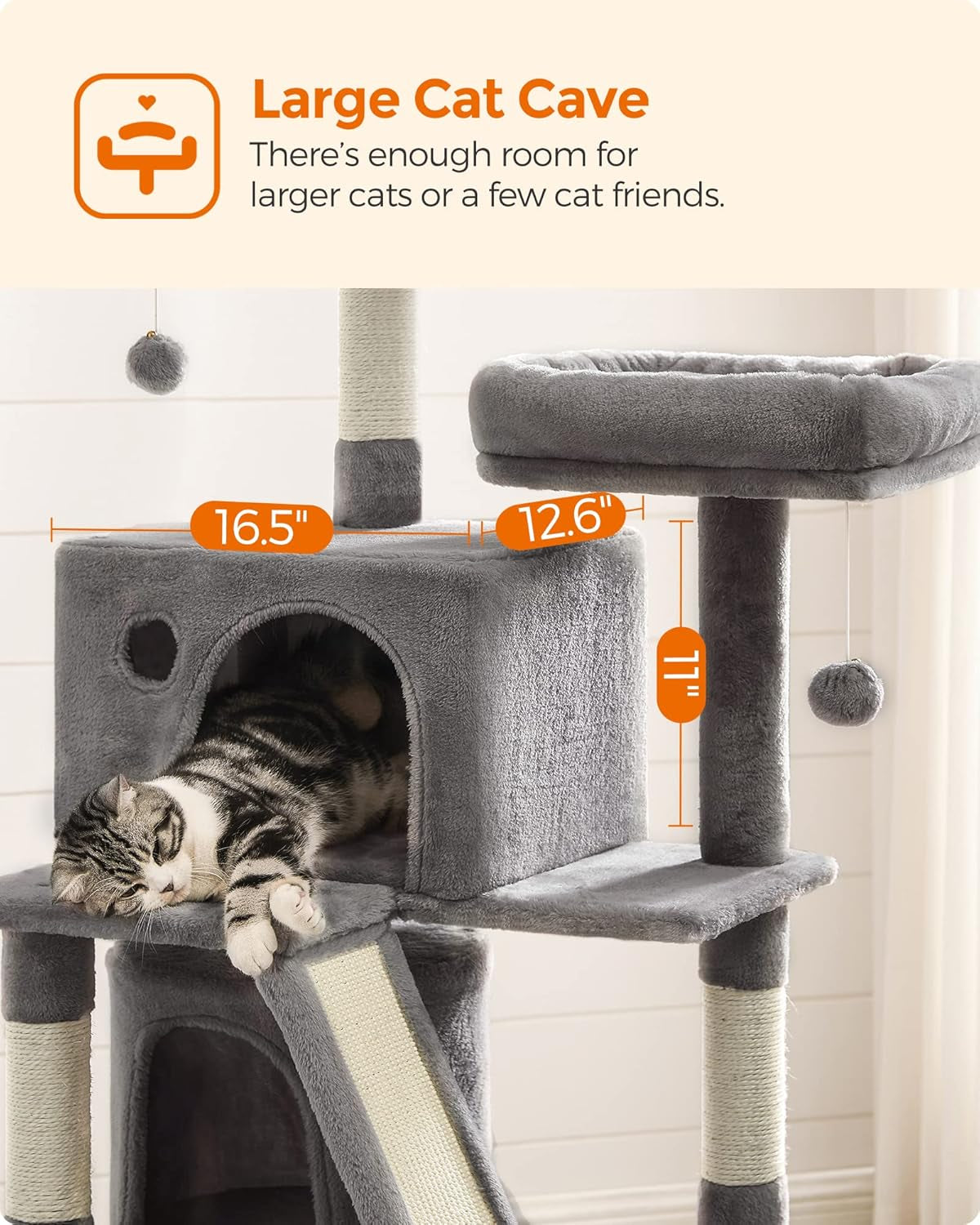 Cat Tree, Cat Tower with 2 Cat Caves, Hammock, 61 Inches, Cat Activity Center with Scratching Posts and Board, Light Gray UPCT163W01