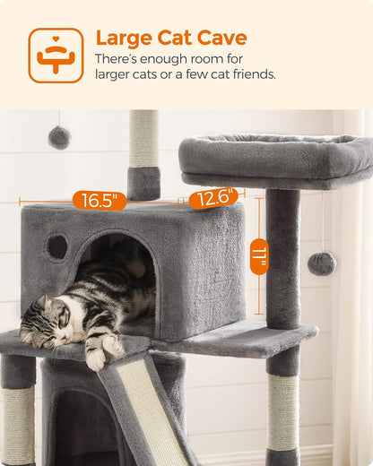 Cat Tree, Cat Tower with 2 Cat Caves, Hammock, 61 Inches, Cat Activity Center with Scratching Posts and Board, Light Gray UPCT163W01