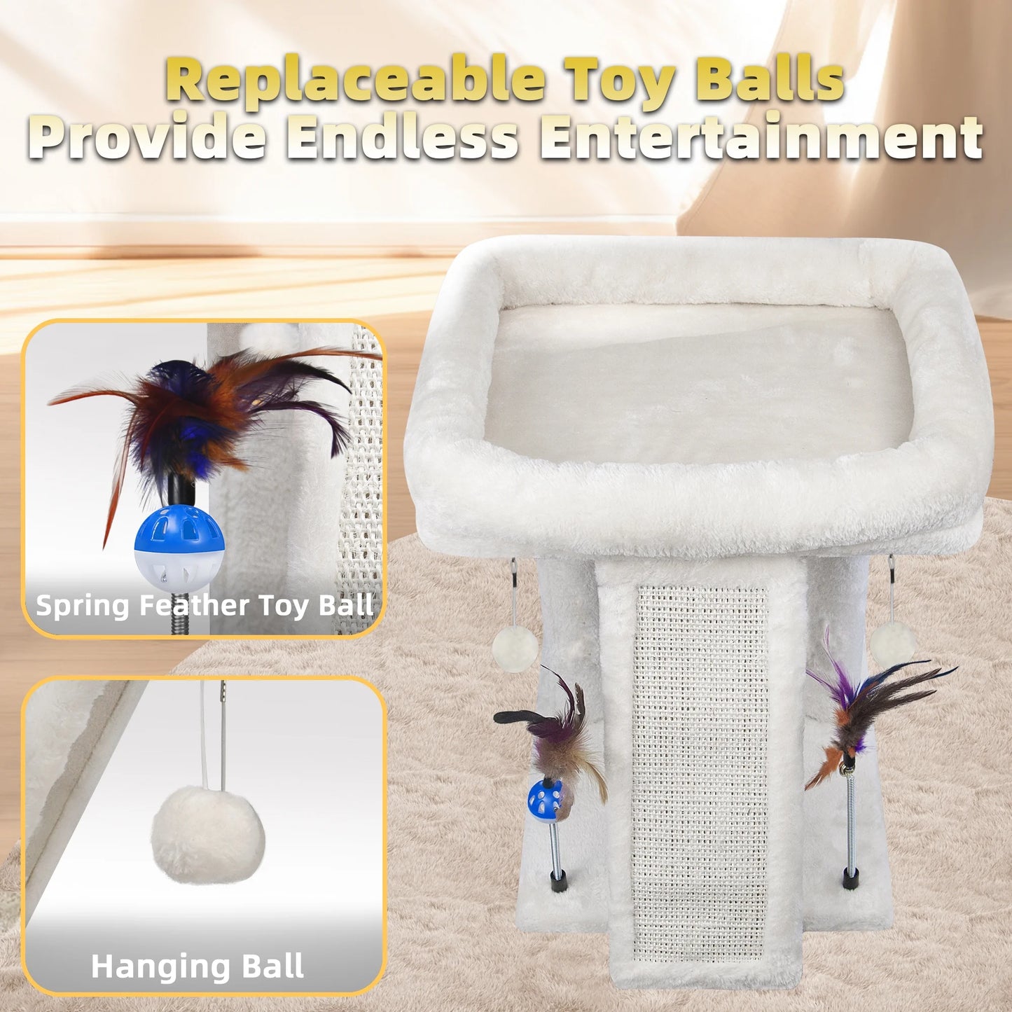 1-Level 17.7 in Cat Tree with Condo, Scratch Pad, Hammock & Hanging Ball, Beige