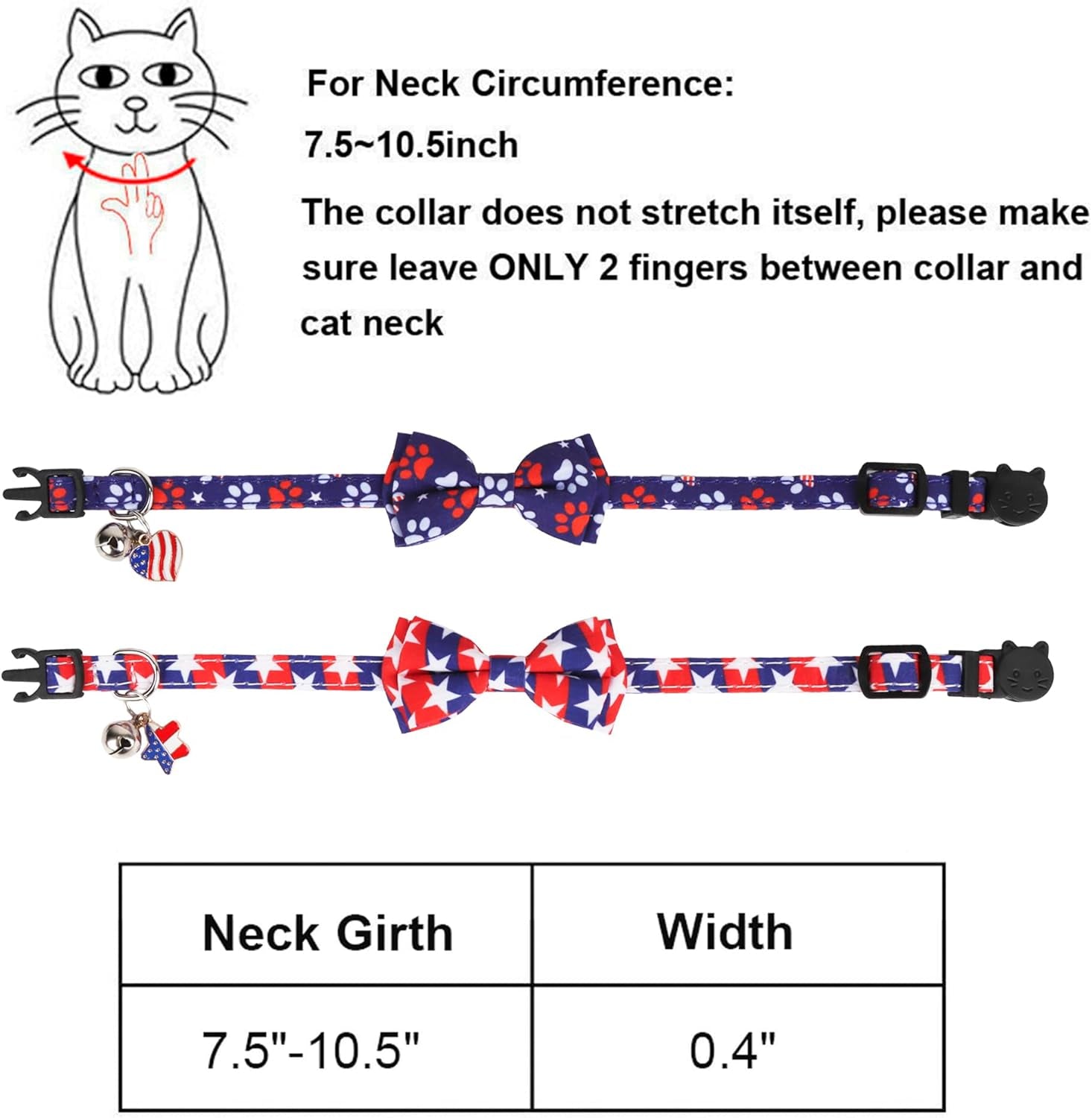 American Flag Cat Collar Breakaway with Bow Tie Bell - 2 Pack 4Th of July Kitten Collar with Removable Bowtie Red Blue American Flag Collars for Cat Kitten