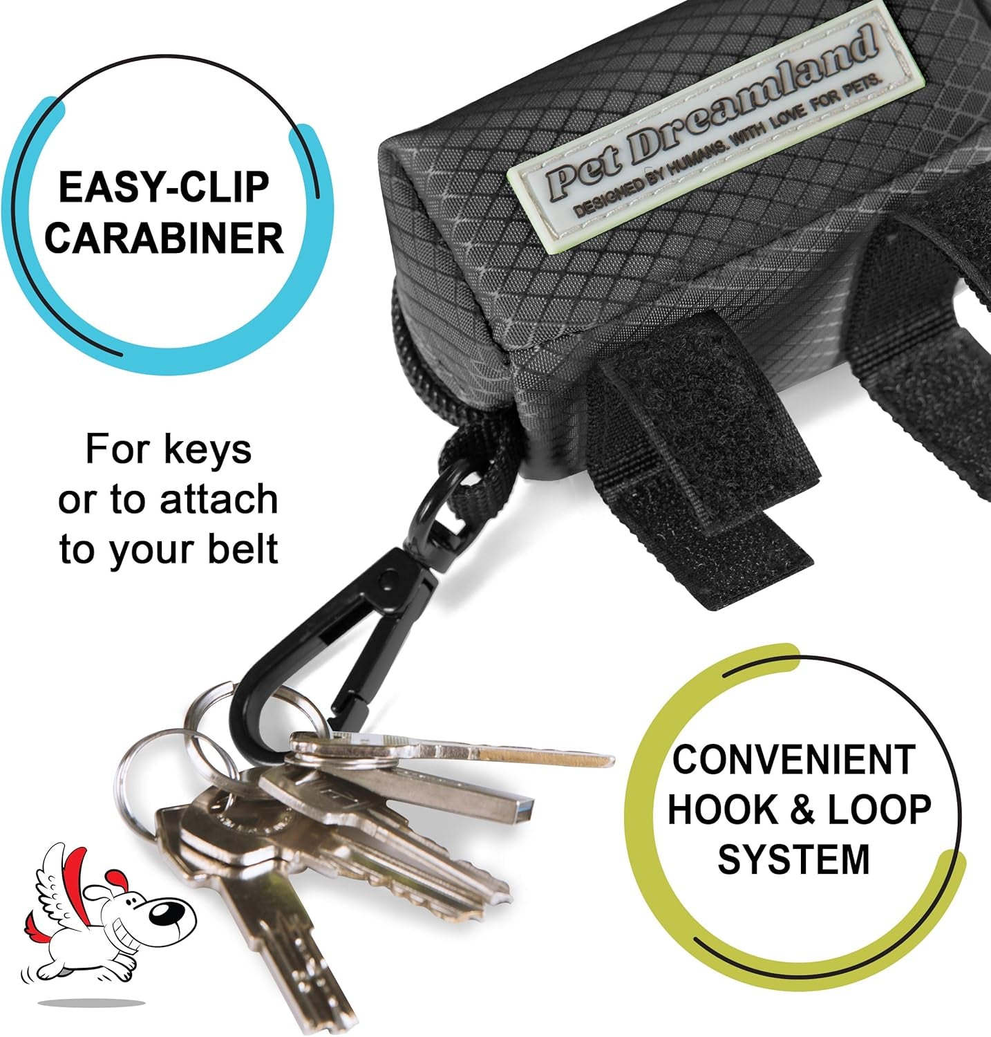 Dog Bag Dispenser - Pet Waste Bag Holder Leash Attachment - Includes One Free Roll of Poop Bags - Zippered Pouch, Hook&Loop Straps and Carabiner Clip for Easy Carry (Black)