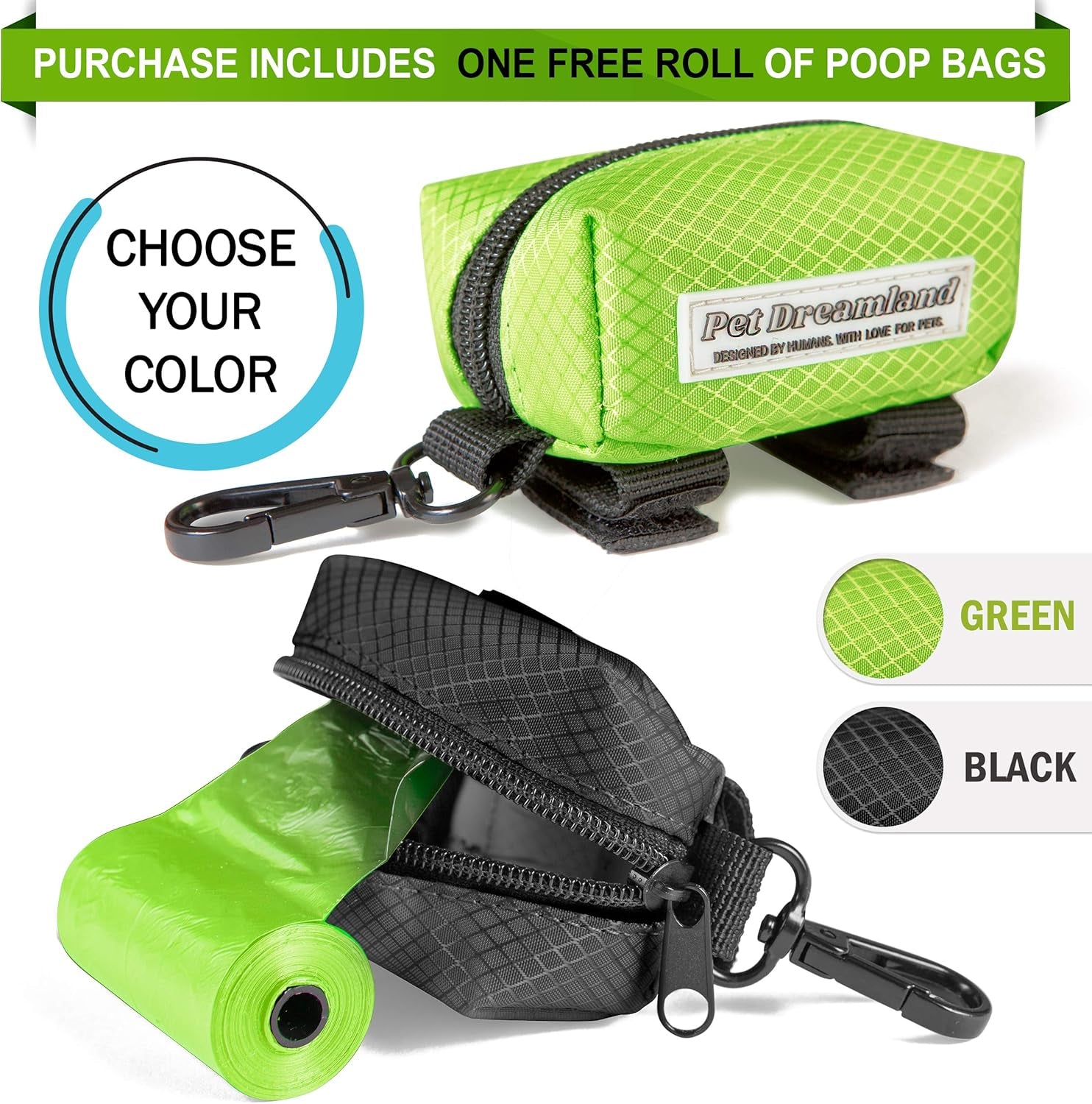 Dog Bag Dispenser - Pet Waste Bag Holder Leash Attachment - Includes One Free Roll of Poop Bags - Zippered Pouch, Hook&Loop Straps and Carabiner Clip for Easy Carry (Black)