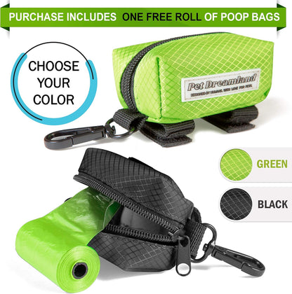 Dog Bag Dispenser - Pet Waste Bag Holder Leash Attachment - Includes One Free Roll of Poop Bags - Zippered Pouch, Hook&Loop Straps and Carabiner Clip for Easy Carry (Black)