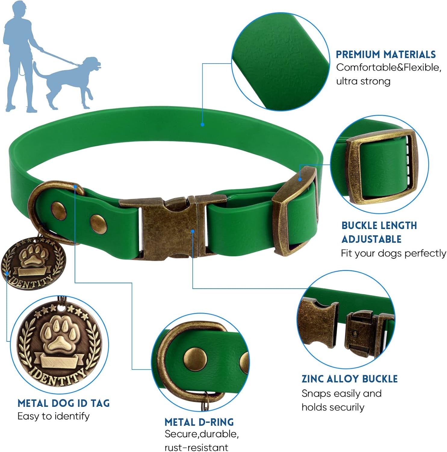 Dog Collar and Leash Set, Waterproof Adjustable Puppy Collars with Cute Tag 6FT Dog Leash with Poop Bag for Small Medium Large Dogs (XS, Deep Green)