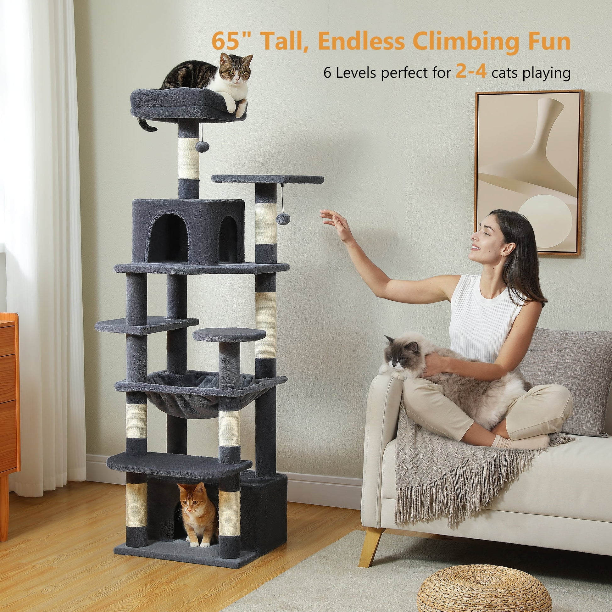 Cat Tree 64" Sisal Scratching Posts Tower with Large Perch Hammock for All Indoor Cats,Dark Gray