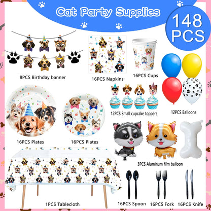 Puppy Dog Birthday Party Supplies,148Pcs Dog Party Decorations & Dog Birthday Party Tableware Set- Dog Birthday Banner,Puppy Balloons&Puppy Party Plates Cups Table Cloth