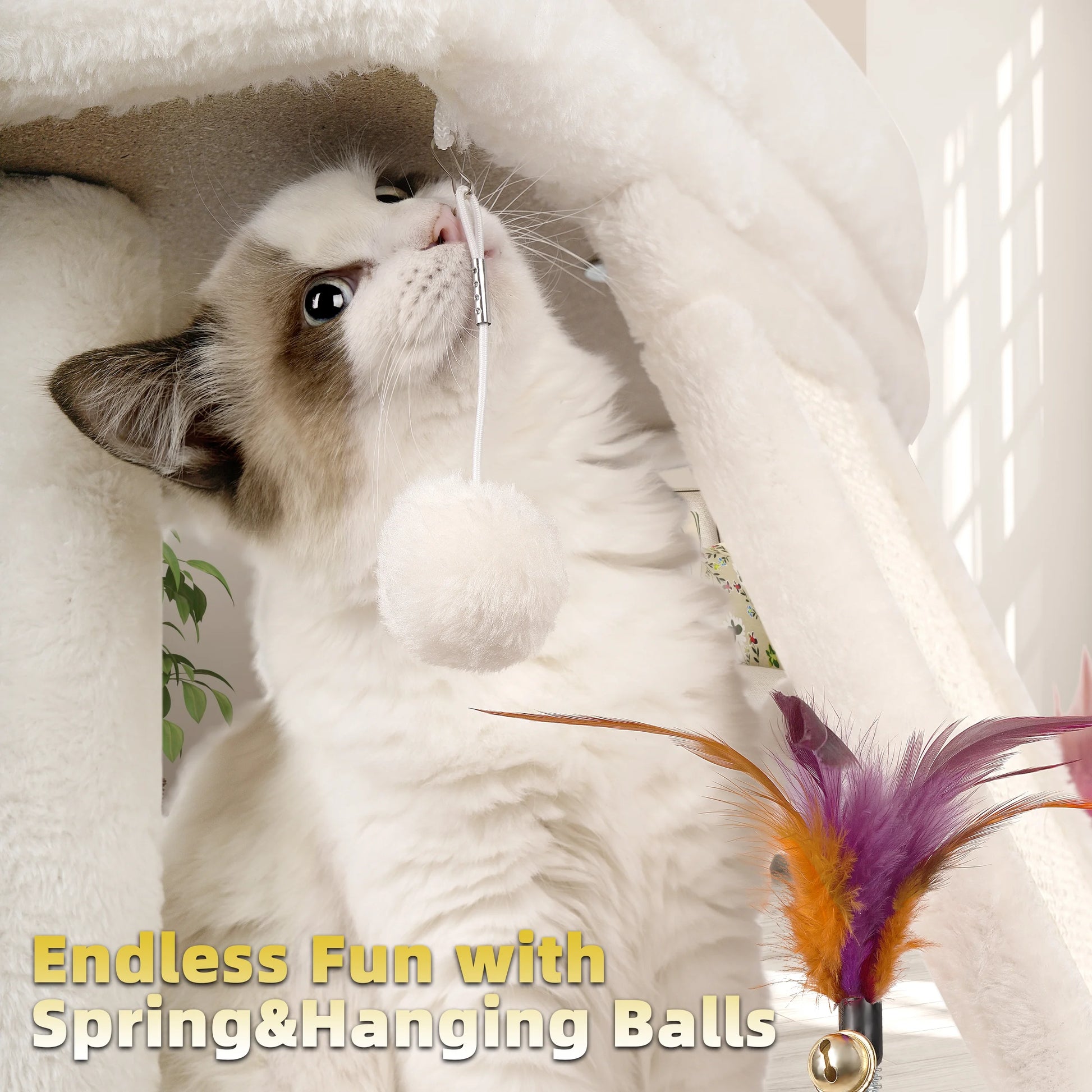 1-Level 17.7 in Cat Tree with Condo, Scratch Pad, Hammock & Hanging Ball, Beige