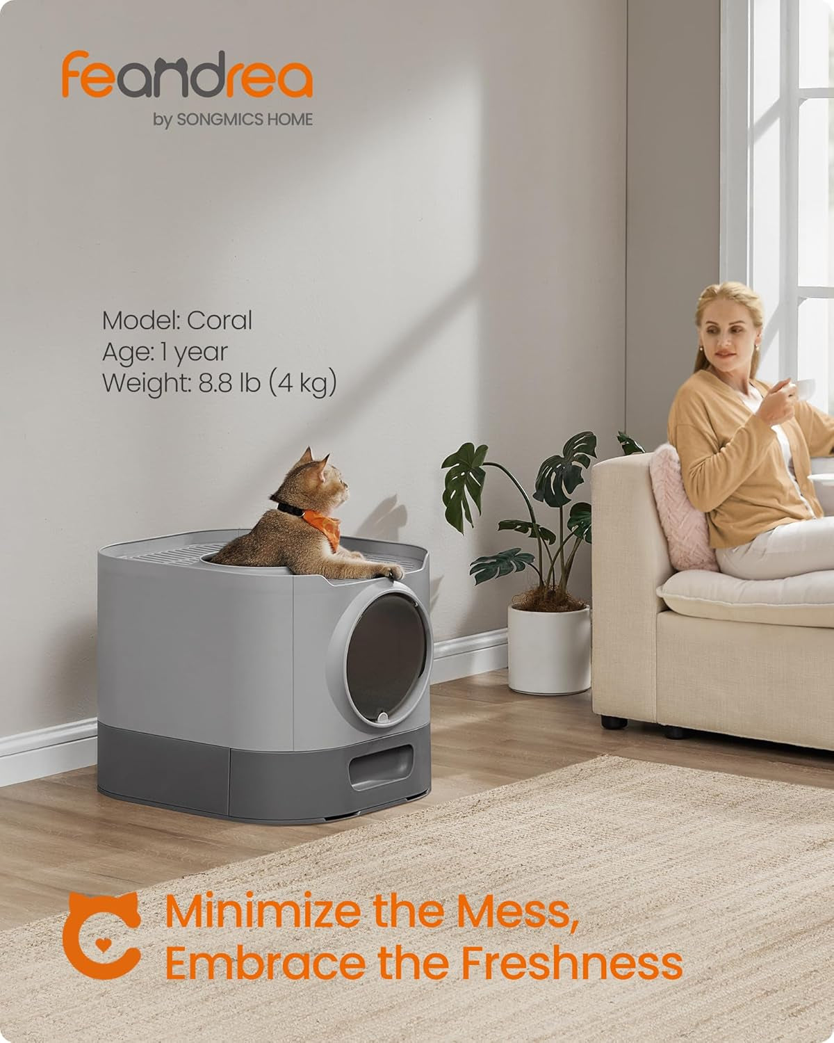 Cat Litter Box with Lid, XL Enclosed Litter Box with Slide-Out Tray, Scoop, Brus
