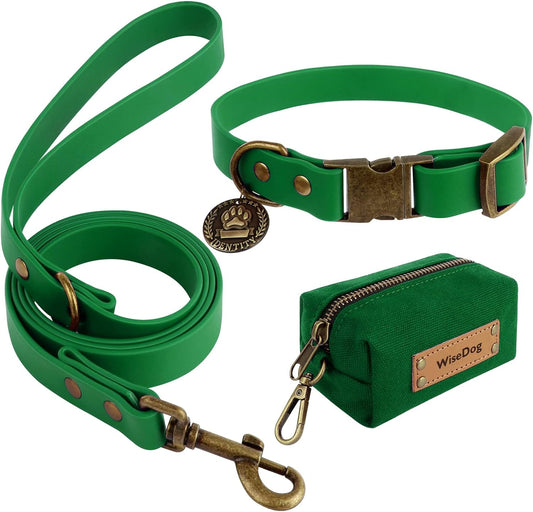 Dog Collar and Leash Set, Waterproof Adjustable Puppy Collars with Cute Tag 6FT Dog Leash with Poop Bag for Small Medium Large Dogs (XS, Deep Green)
