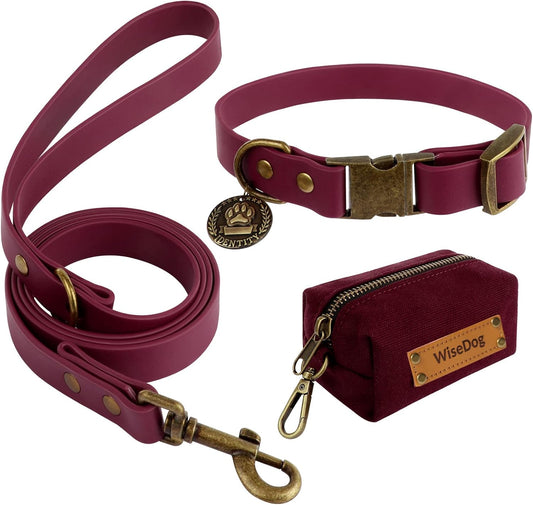 Dog Collar and Leash Set, Waterproof Adjustable Puppy Collars with Cute Tag 6FT Dog Leash with Poop Bag for Small Medium Large Dogs (M, Burgundy)
