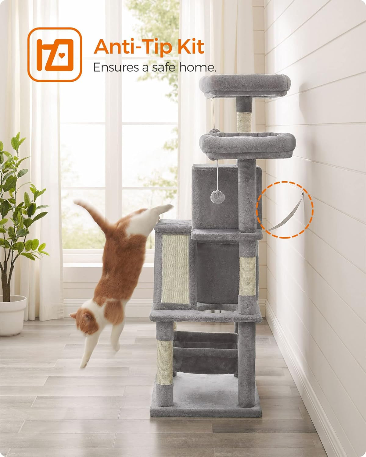 Cat Tree, Cat Tower with 2 Cat Caves, Hammock, 61 Inches, Cat Activity Center with Scratching Posts and Board, Light Gray UPCT163W01