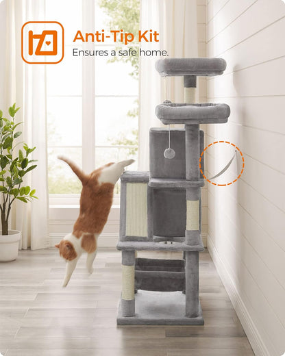 Cat Tree, Cat Tower with 2 Cat Caves, Hammock, 61 Inches, Cat Activity Center with Scratching Posts and Board, Light Gray UPCT163W01