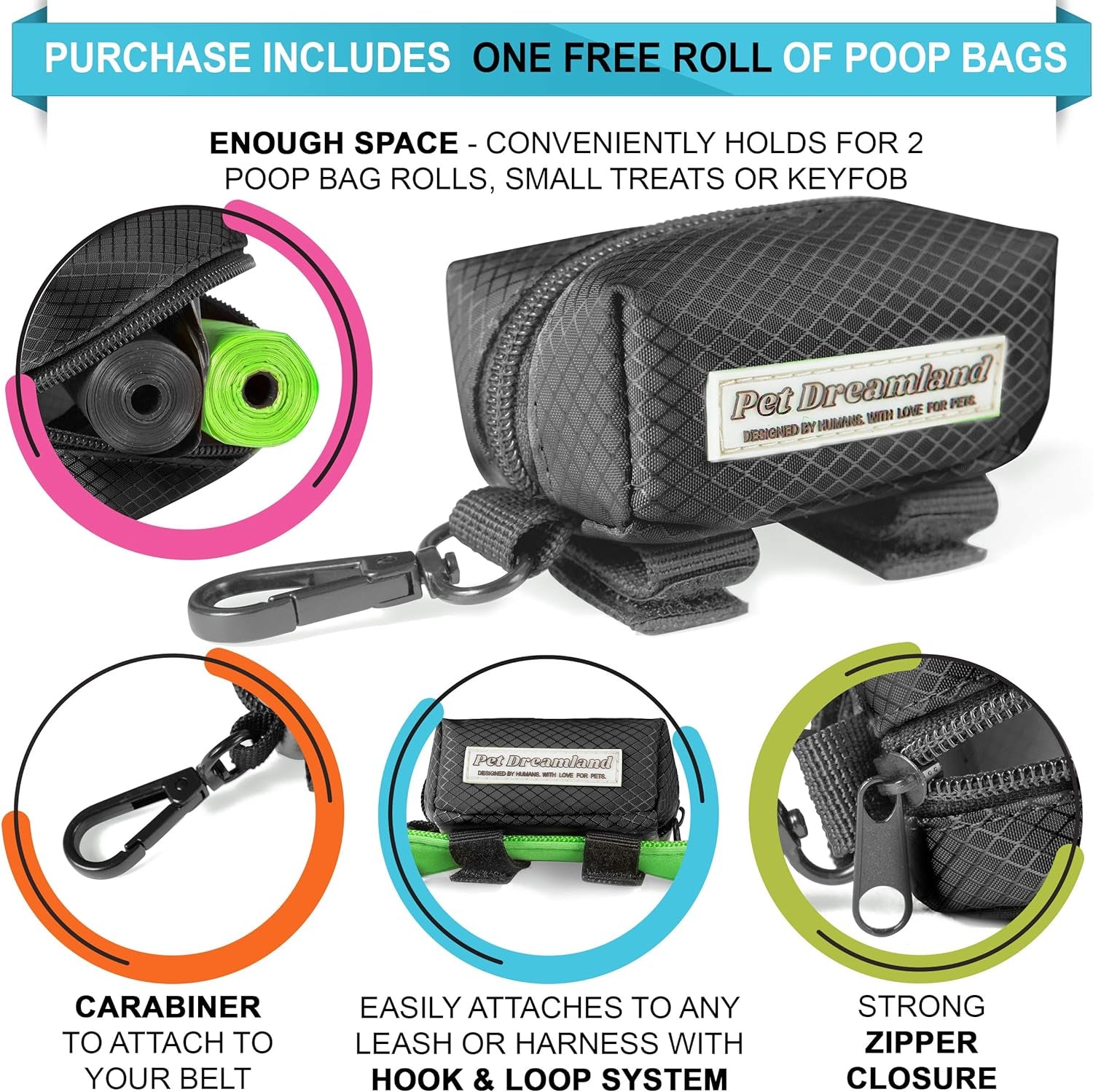 Dog Bag Dispenser - Pet Waste Bag Holder Leash Attachment - Includes One Free Roll of Poop Bags - Zippered Pouch, Hook&Loop Straps and Carabiner Clip for Easy Carry (Black)