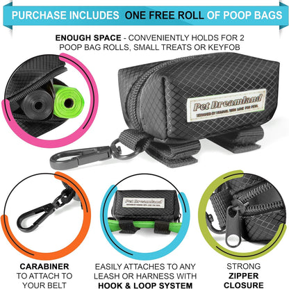 Dog Bag Dispenser - Pet Waste Bag Holder Leash Attachment - Includes One Free Roll of Poop Bags - Zippered Pouch, Hook&Loop Straps and Carabiner Clip for Easy Carry (Black)