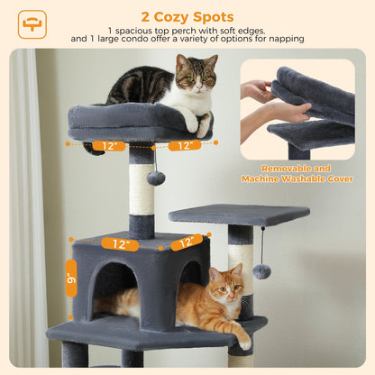Cat Tree 64" Sisal Scratching Posts Tower with Large Perch Hammock for All Indoor Cats,Dark Gray