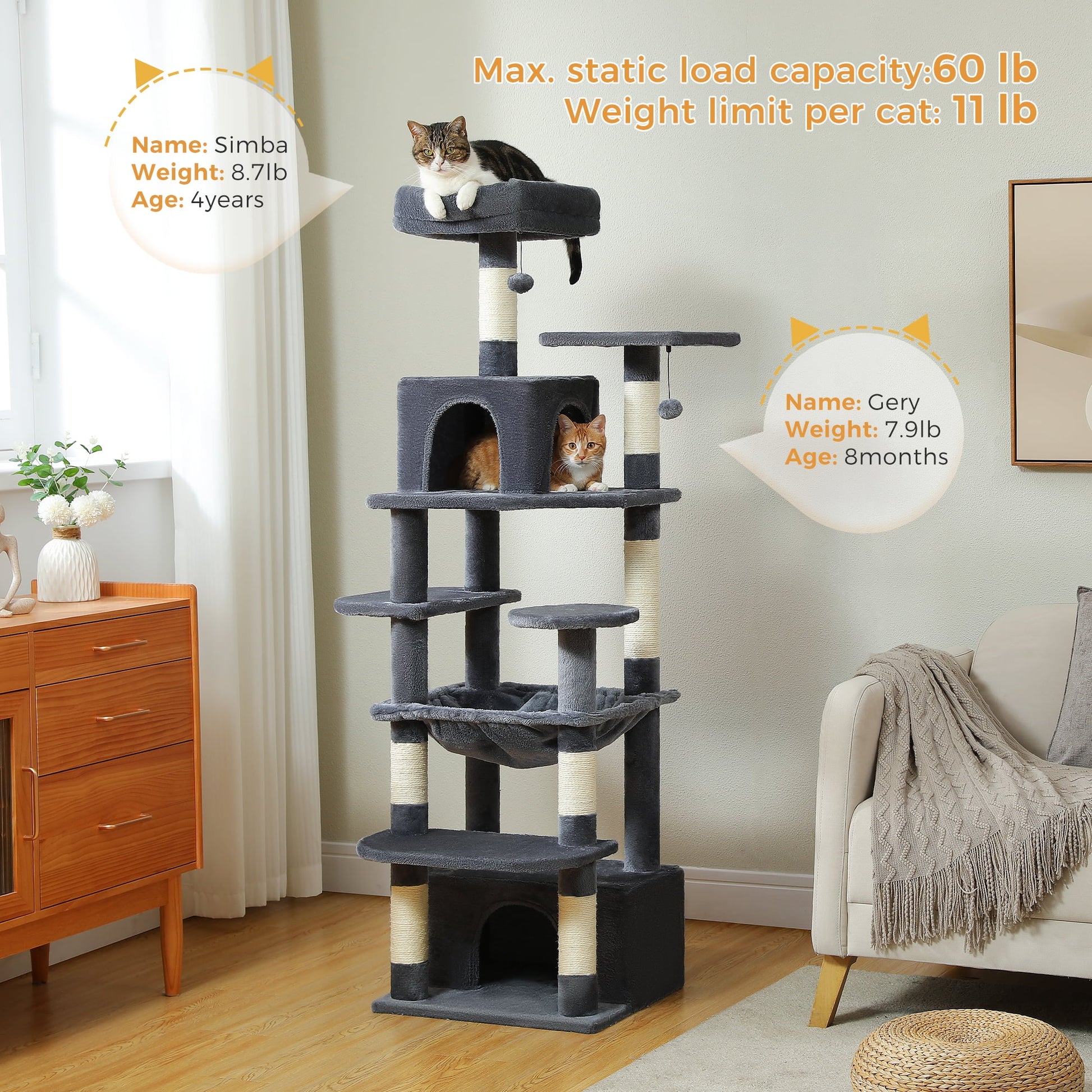 Cat Tree 64" Sisal Scratching Posts Tower with Large Perch Hammock for All Indoor Cats,Dark Gray