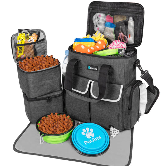 Dog Travel Bag Pet Supplies Accessories Organizer for Traveling, Camping, Weekend; Cat Pet Travel Bag Kit Includes 2 Food Storage Containers, 2 Collapsible Bowls, 1 Feeding Mat (Dark Gray)