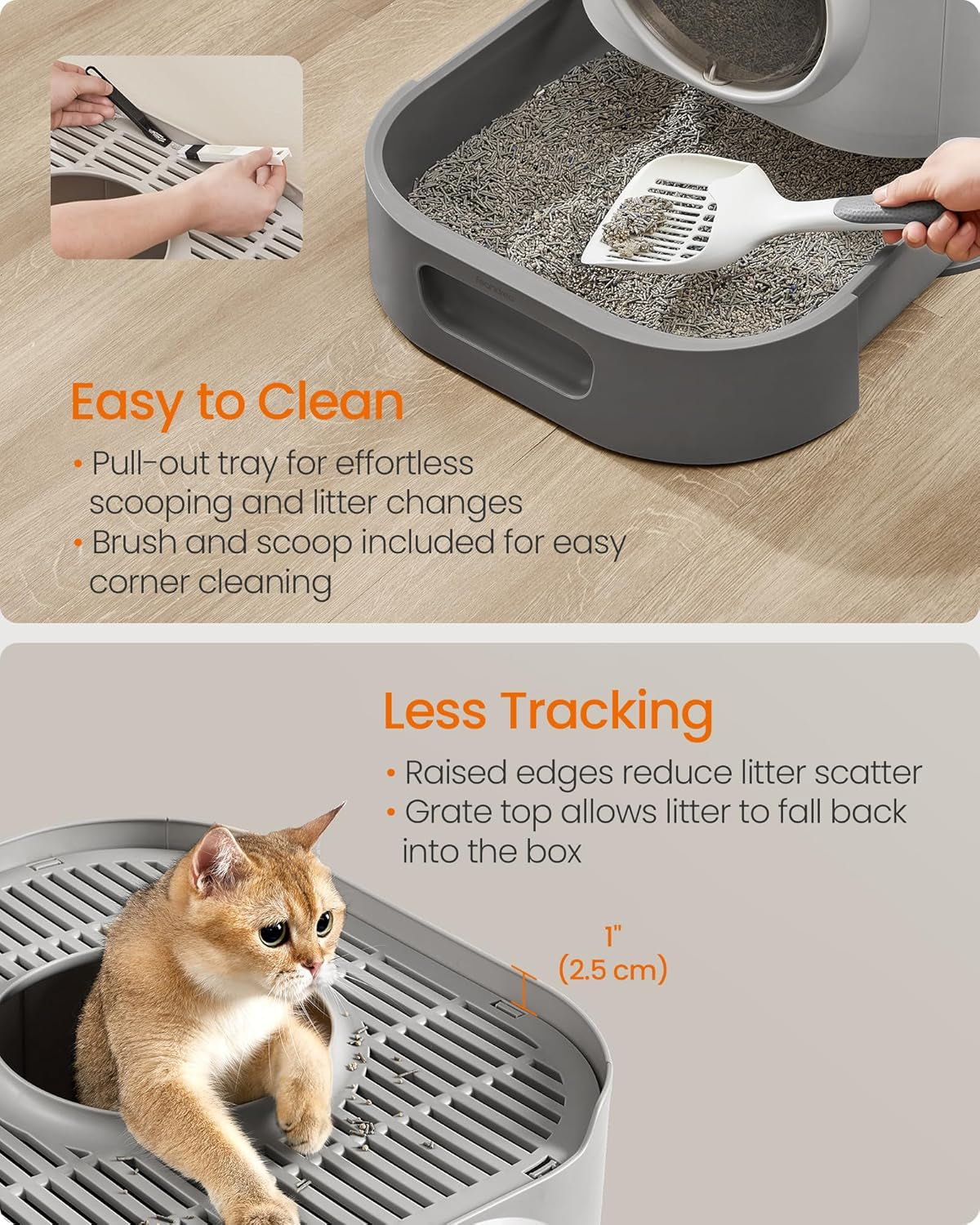Cat Litter Box with Lid, XL Enclosed Litter Box with Slide-Out Tray, Scoop, Brus