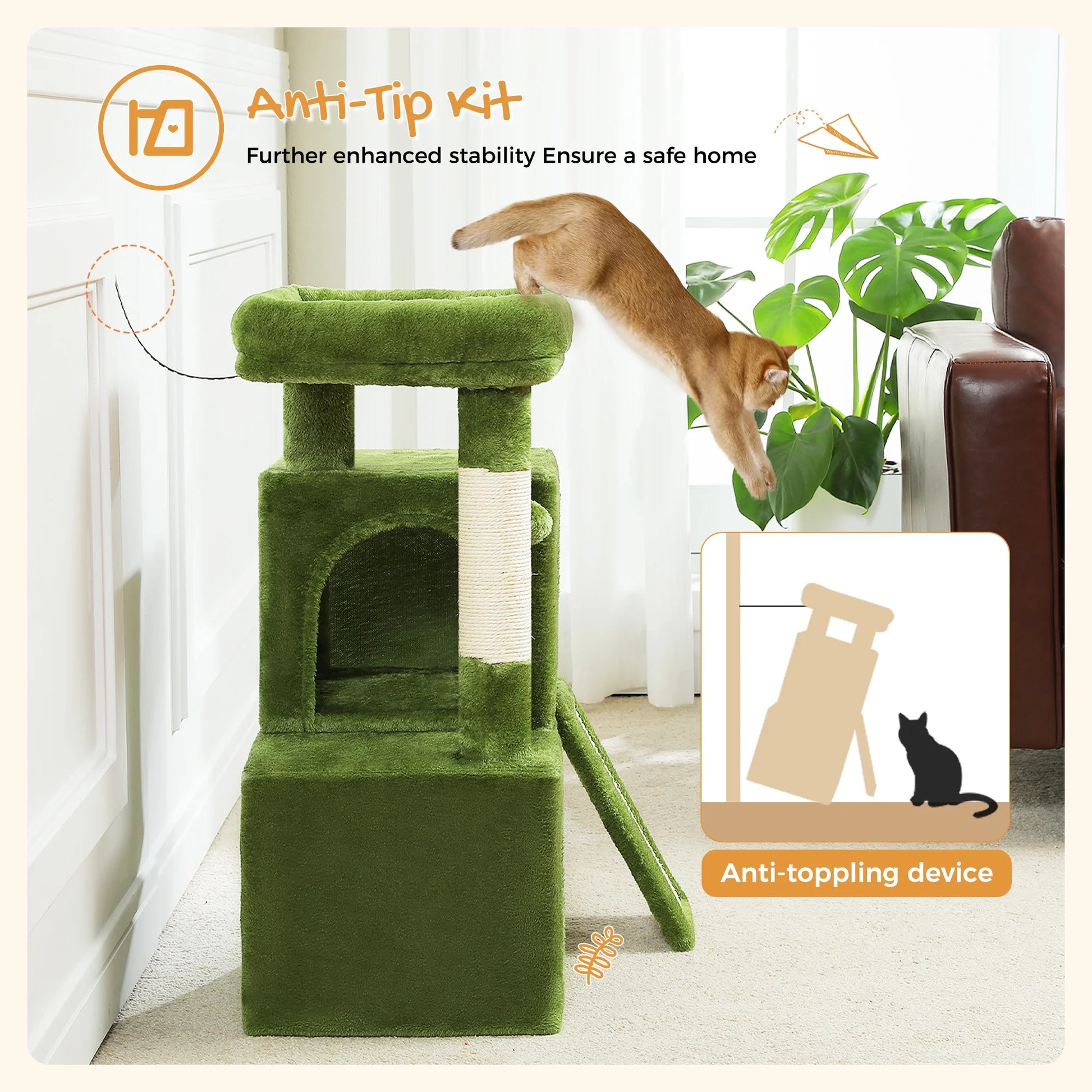 30" Cat Tree Condo with Sisal Scratcing Post Tower Ramp for Indoor Cats,Green