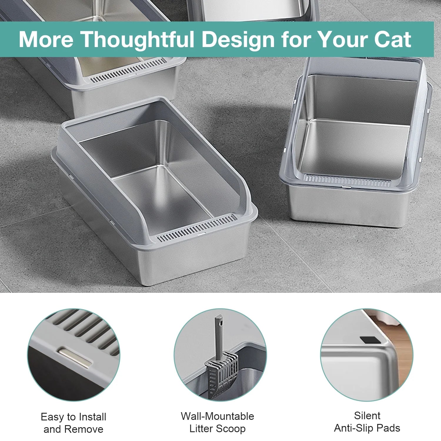 XL Stainless Steel Cat Litter Box for Multiple Cats, MS-60 Metal Cat Litter Box with Scoop & Mat, Khaki