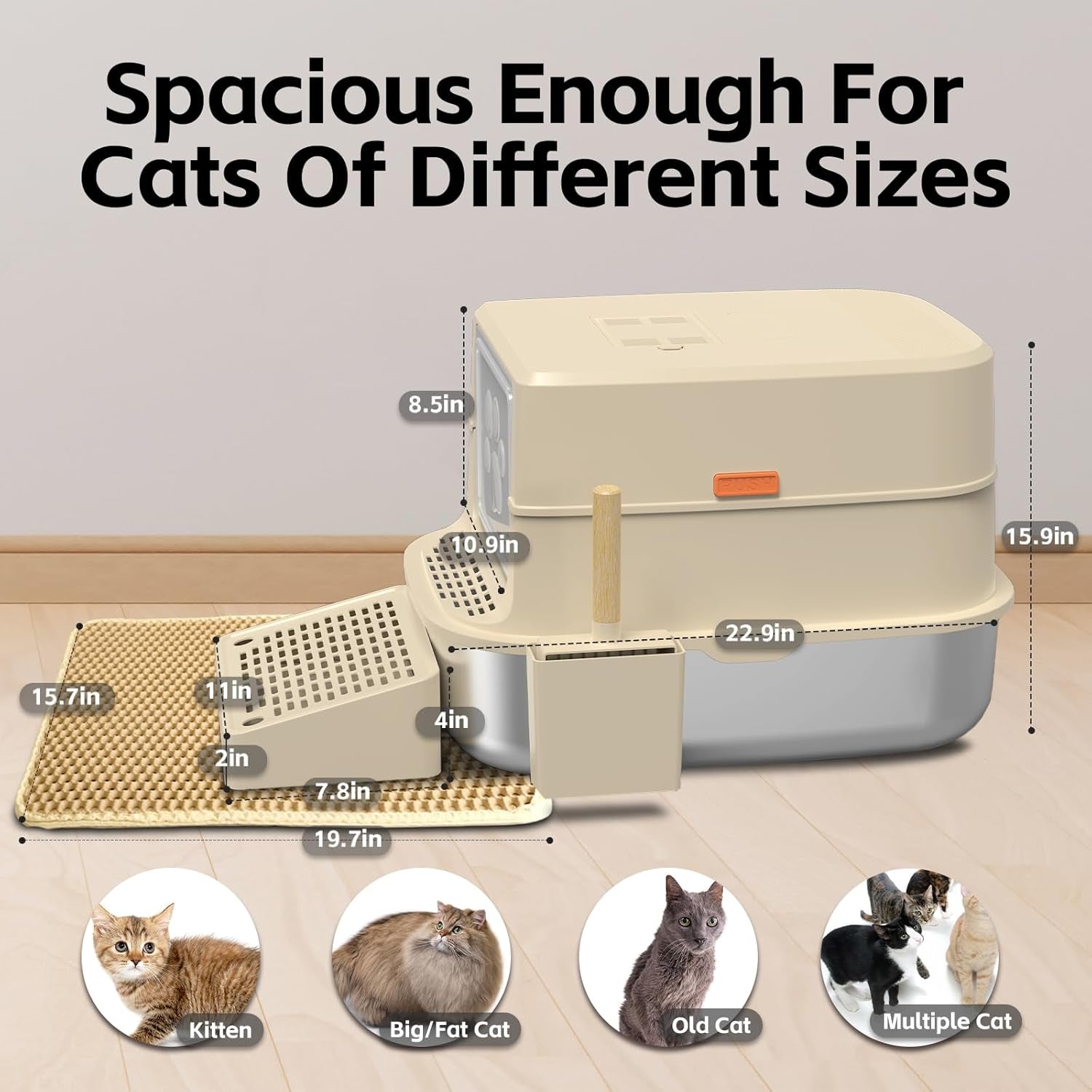 Stainless Steel Cat Litter Box with Lid, 3 in 1 Removable Litter Box for Big/Mul