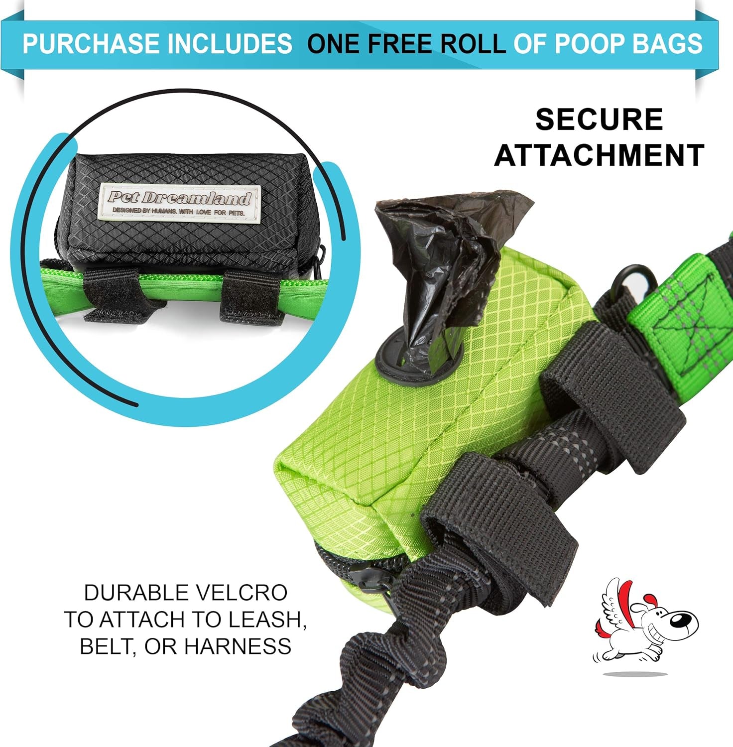 Dog Bag Dispenser - Pet Waste Bag Holder Leash Attachment - Includes One Free Roll of Poop Bags - Zippered Pouch, Hook&Loop Straps and Carabiner Clip for Easy Carry (Black)