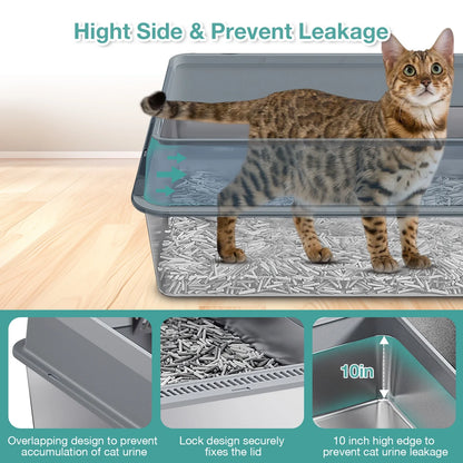 XL Stainless Steel Cat Litter Box for Multiple Cats, MS-60 Metal Cat Litter Box with Scoop & Mat, Khaki