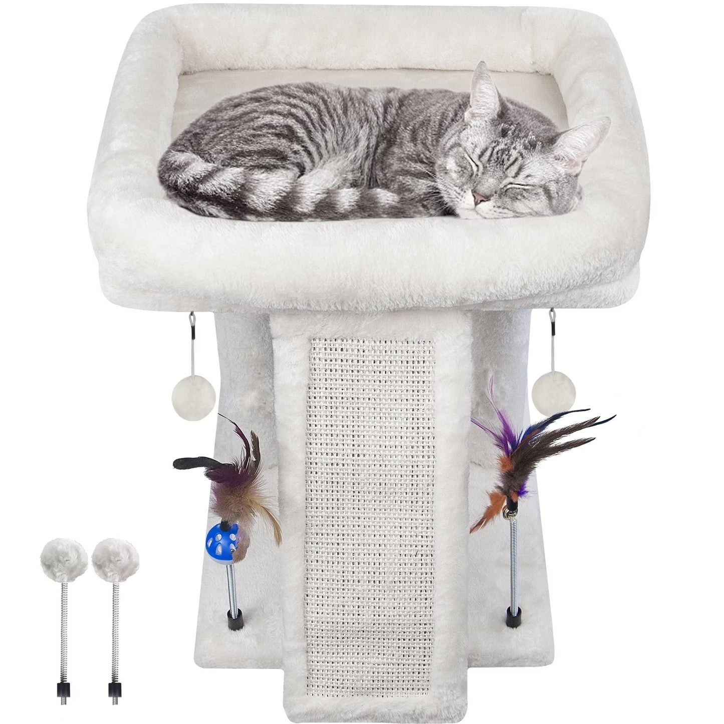 1-Level 17.7 in Cat Tree with Condo, Scratch Pad, Hammock & Hanging Ball, Beige