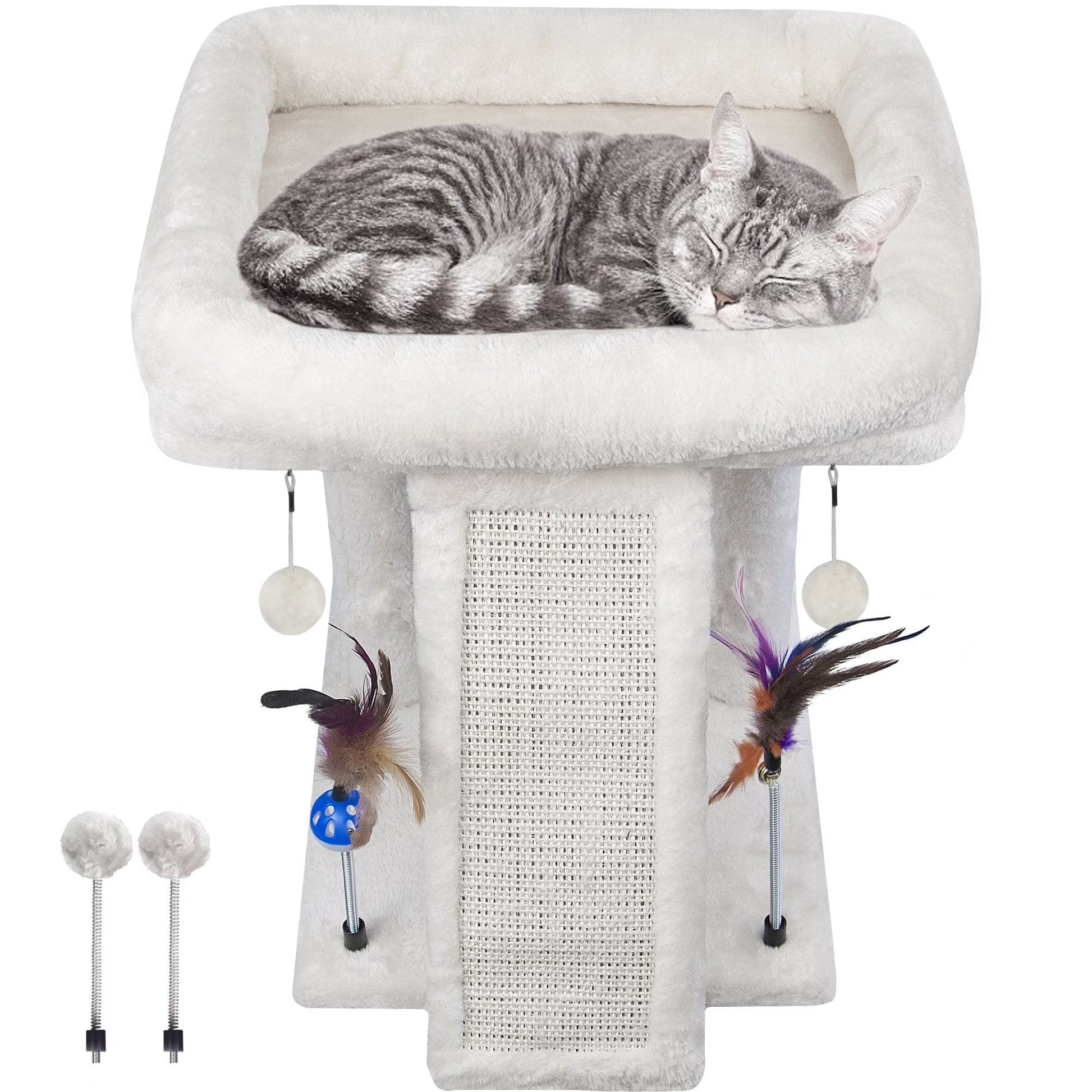 1-Level 17.7 in Cat Tree with Condo, Scratch Pad, Hammock & Hanging Ball, Beige