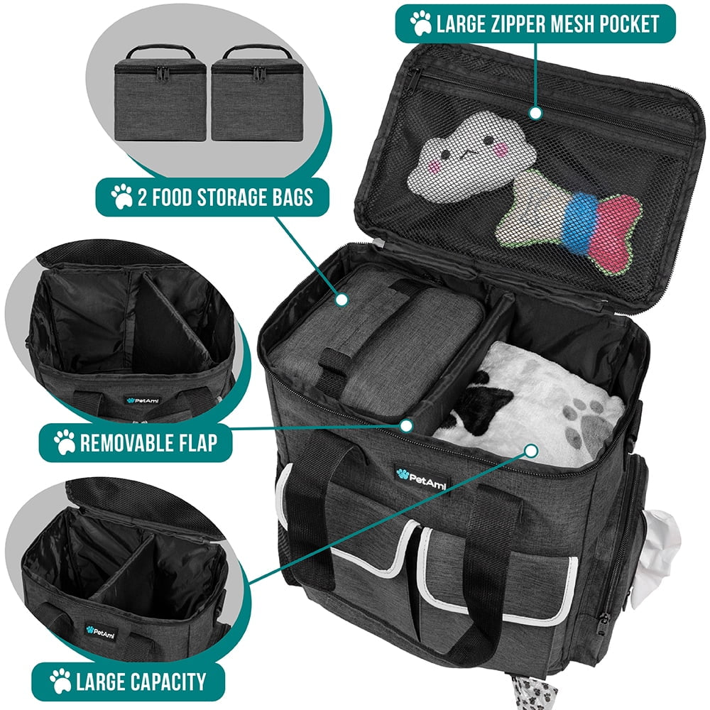 Dog Travel Bag Pet Supplies Accessories Organizer for Traveling, Camping, Weekend; Cat Pet Travel Bag Kit Includes 2 Food Storage Containers, 2 Collapsible Bowls, 1 Feeding Mat (Dark Gray)