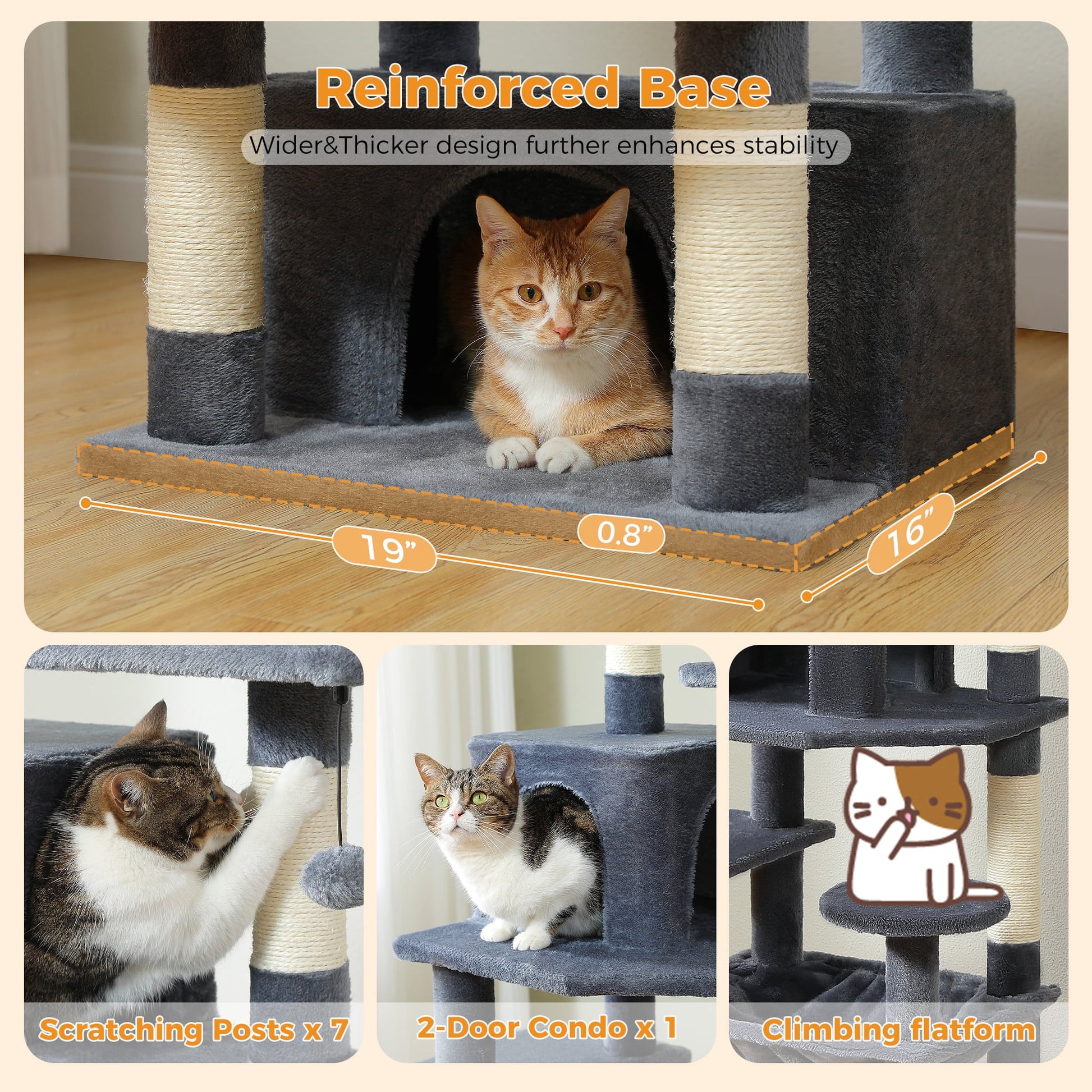 Cat Tree 64" Sisal Scratching Posts Tower with Large Perch Hammock for All Indoor Cats,Dark Gray
