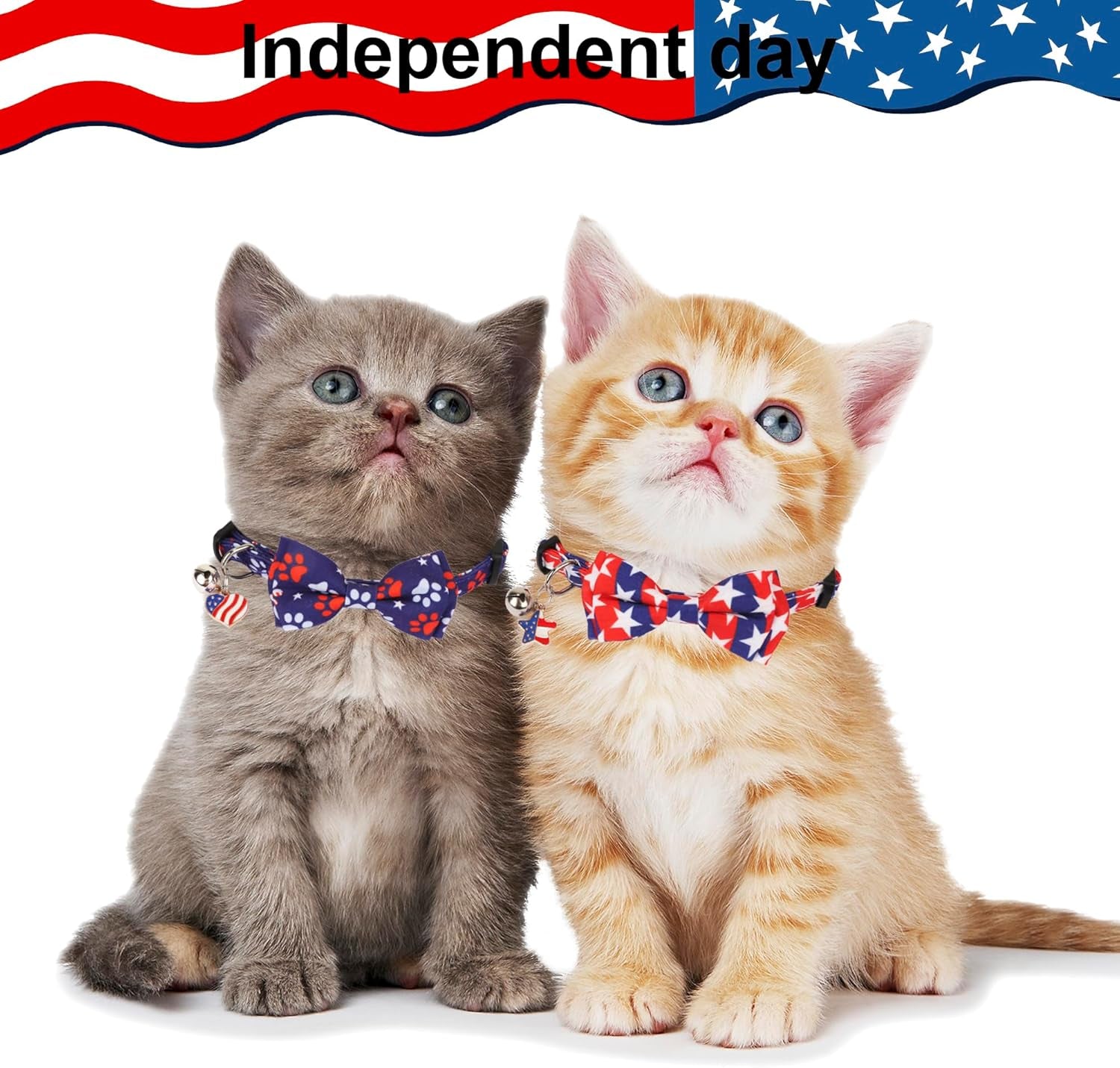 American Flag Cat Collar Breakaway with Bow Tie Bell - 2 Pack 4Th of July Kitten Collar with Removable Bowtie Red Blue American Flag Collars for Cat Kitten