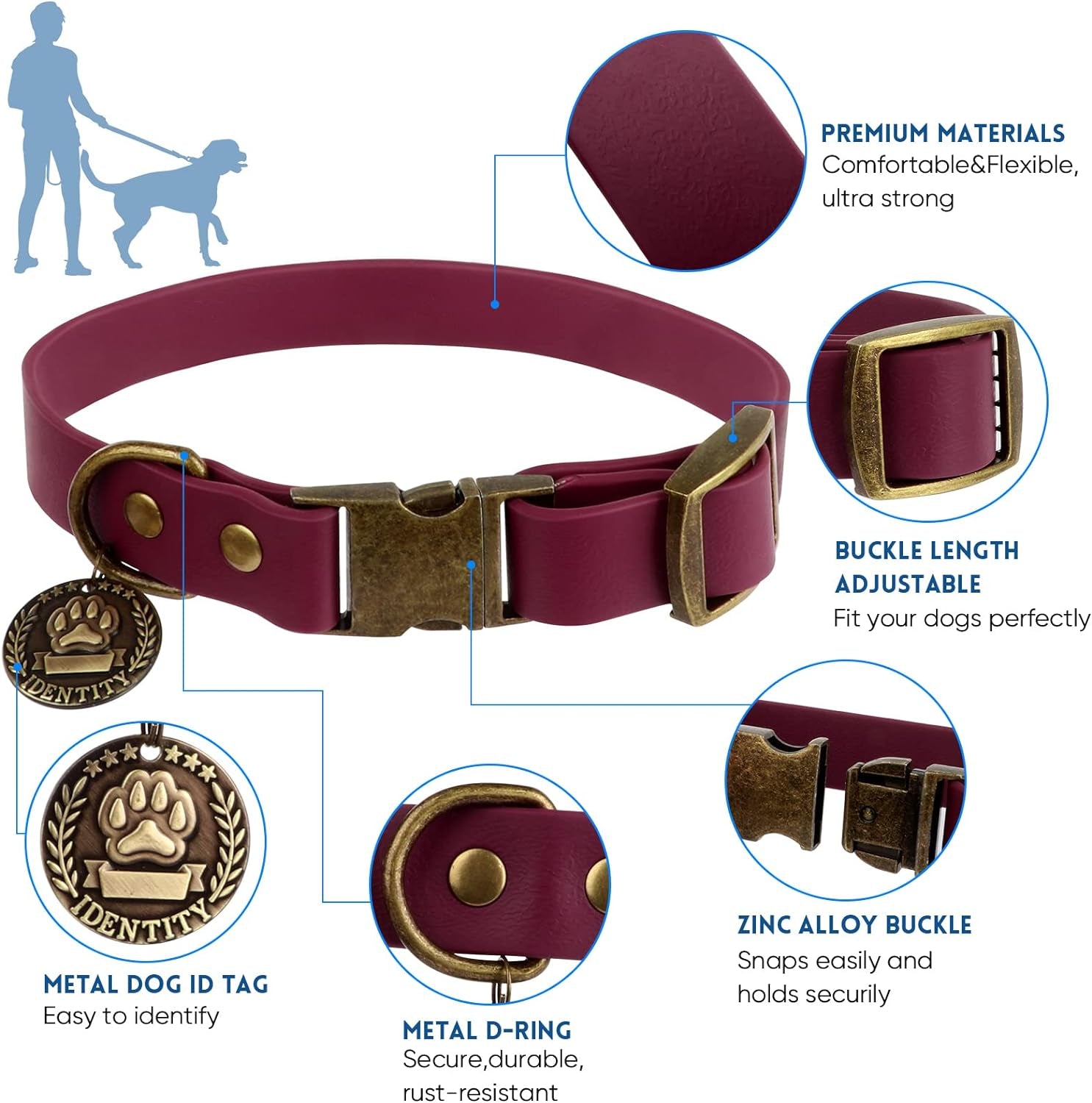 Dog Collar and Leash Set, Waterproof Adjustable Puppy Collars with Cute Tag 6FT Dog Leash with Poop Bag for Small Medium Large Dogs (M, Burgundy)