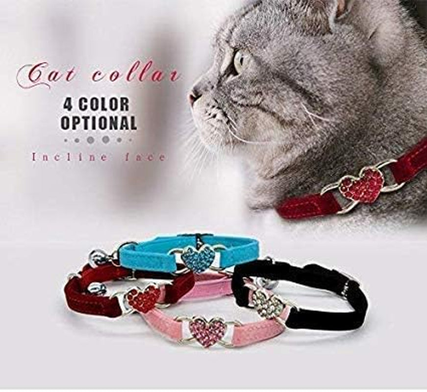 Cat Collar with Safety Belt and Bell Heart Bling 8-11 Inches (Black+Red+Pink+Blue)