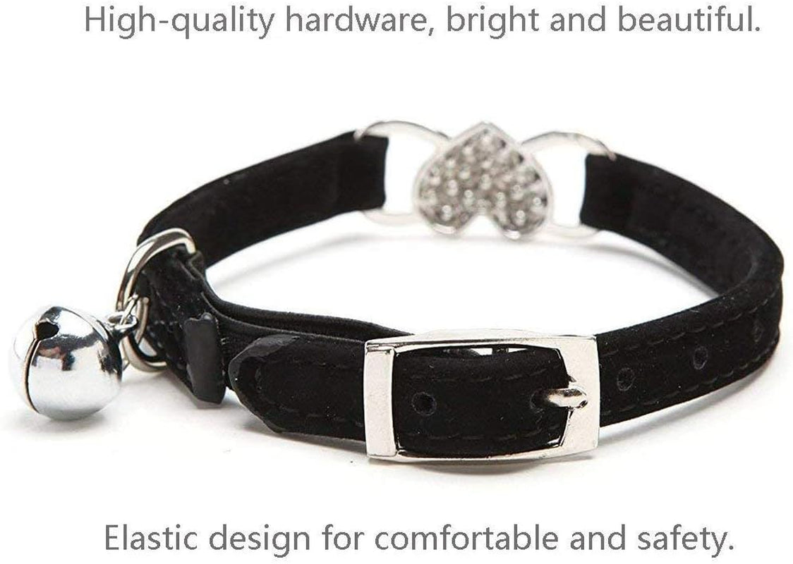 Cat Collar with Safety Belt and Bell Heart Bling 8-11 Inches (Black+Red+Pink+Blue)