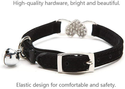 Cat Collar with Safety Belt and Bell Heart Bling 8-11 Inches (Black+Red+Pink+Blue)