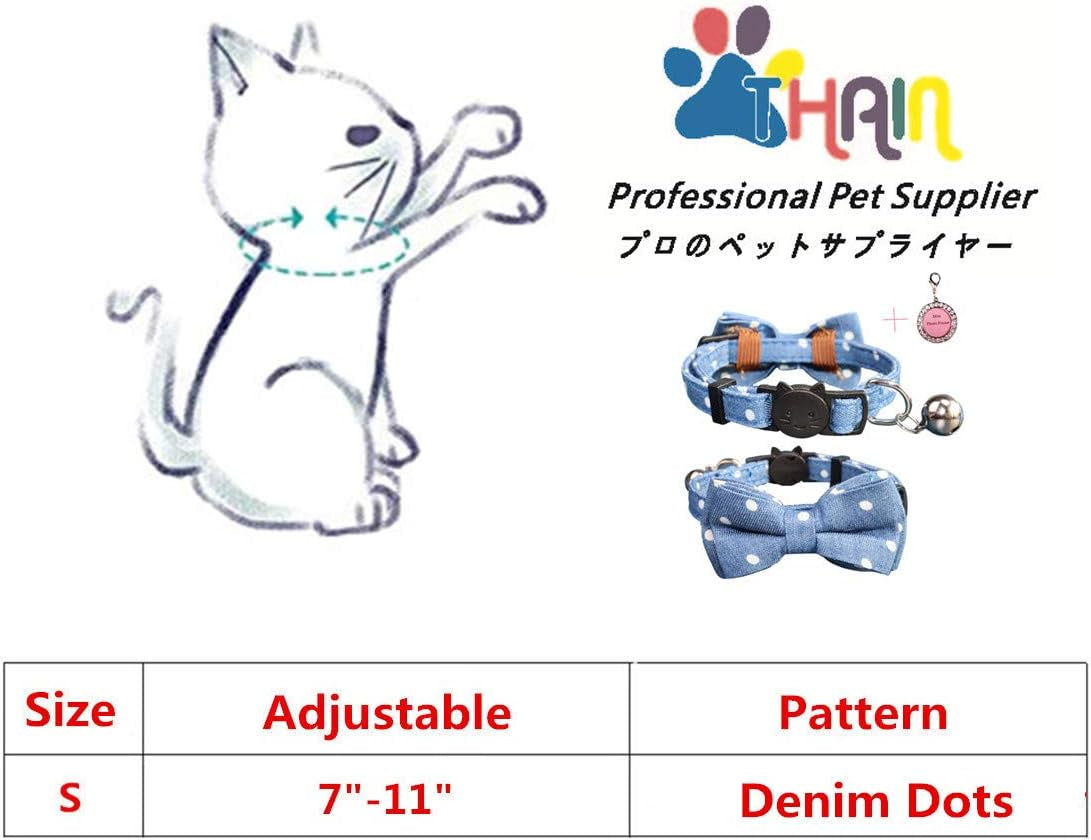 Cat Collar Breakaway with Bell and Bow Tie Safety Buckle with Name Tag Denim Dots Adjustable 7-11 Inches for Kitten Cats(Denim Dots)