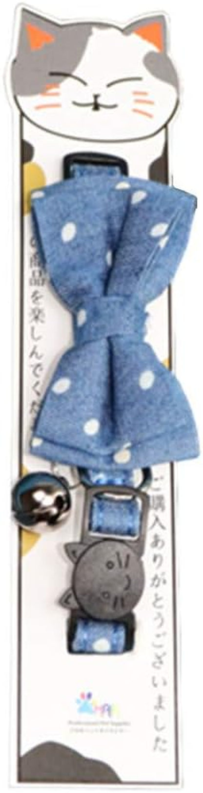 Cat Collar Breakaway with Bell and Bow Tie Safety Buckle with Name Tag Denim Dots Adjustable 7-11 Inches for Kitten Cats(Denim Dots)