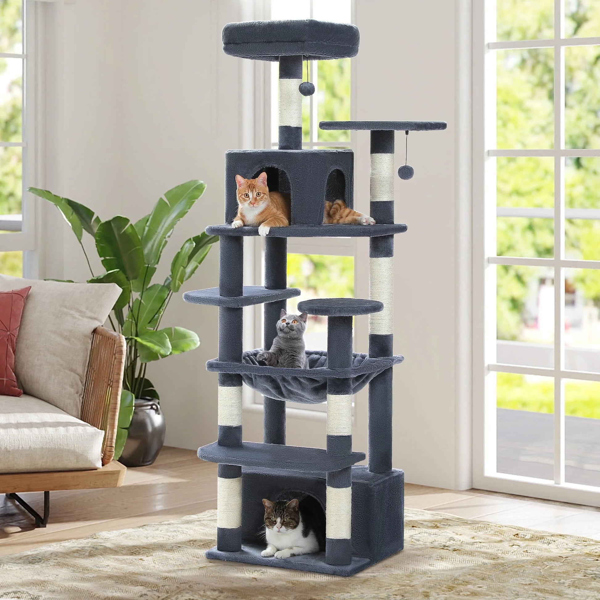Cat Tree 64" Sisal Scratching Posts Tower with Large Perch Hammock for All Indoor Cats,Dark Gray