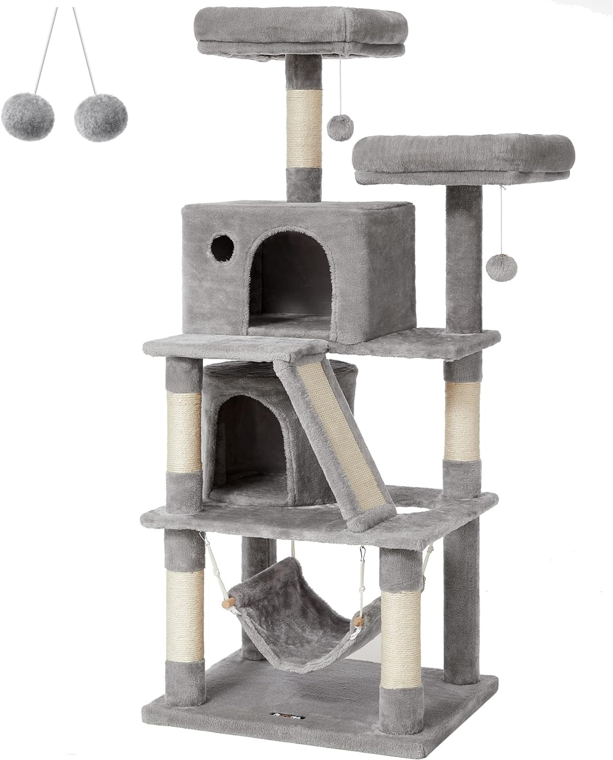Cat Tree, Cat Tower with 2 Cat Caves, Hammock, 61 Inches, Cat Activity Center with Scratching Posts and Board, Light Gray UPCT163W01