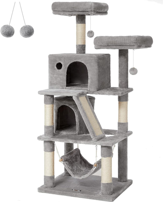 Cat Tree, Cat Tower with 2 Cat Caves, Hammock, 61 Inches, Cat Activity Center with Scratching Posts and Board, Light Gray UPCT163W01