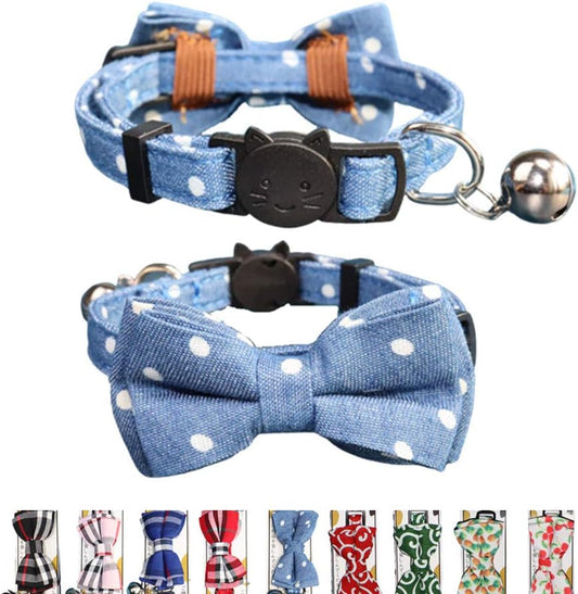 Cat Collar Breakaway with Bell and Bow Tie Safety Buckle with Name Tag Denim Dots Adjustable 7-11 Inches for Kitten Cats(Denim Dots)
