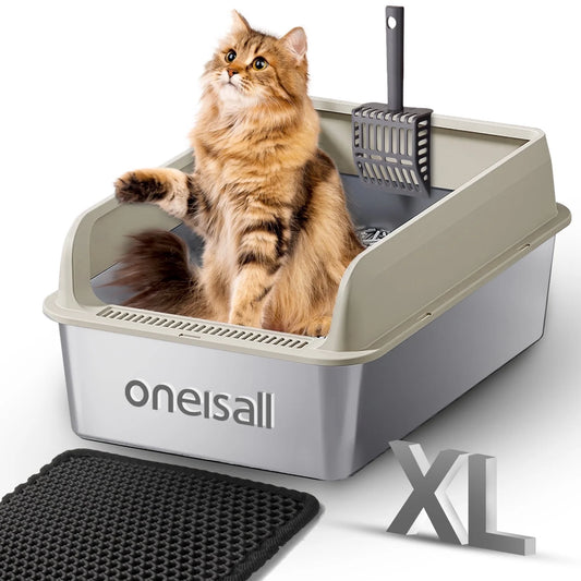 XL Stainless Steel Cat Litter Box for Multiple Cats, MS-60 Metal Cat Litter Box with Scoop & Mat, Khaki