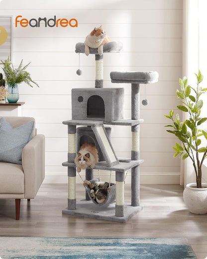 Cat Tree, Cat Tower with 2 Cat Caves, Hammock, 61 Inches, Cat Activity Center with Scratching Posts and Board, Light Gray UPCT163W01