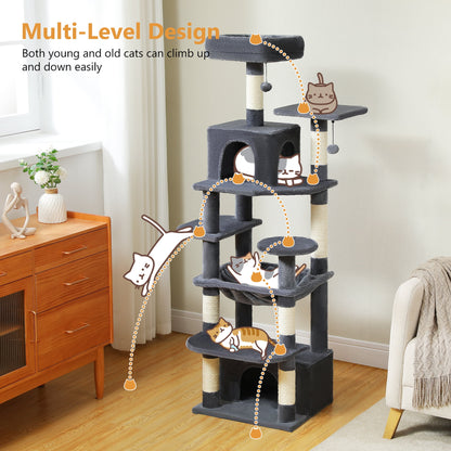 Cat Tree 64" Sisal Scratching Posts Tower with Large Perch Hammock for All Indoor Cats,Dark Gray