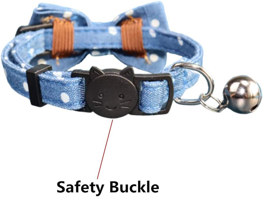 Cat Collar Breakaway with Bell and Bow Tie Safety Buckle with Name Tag Denim Dots Adjustable 7-11 Inches for Kitten Cats(Denim Dots)