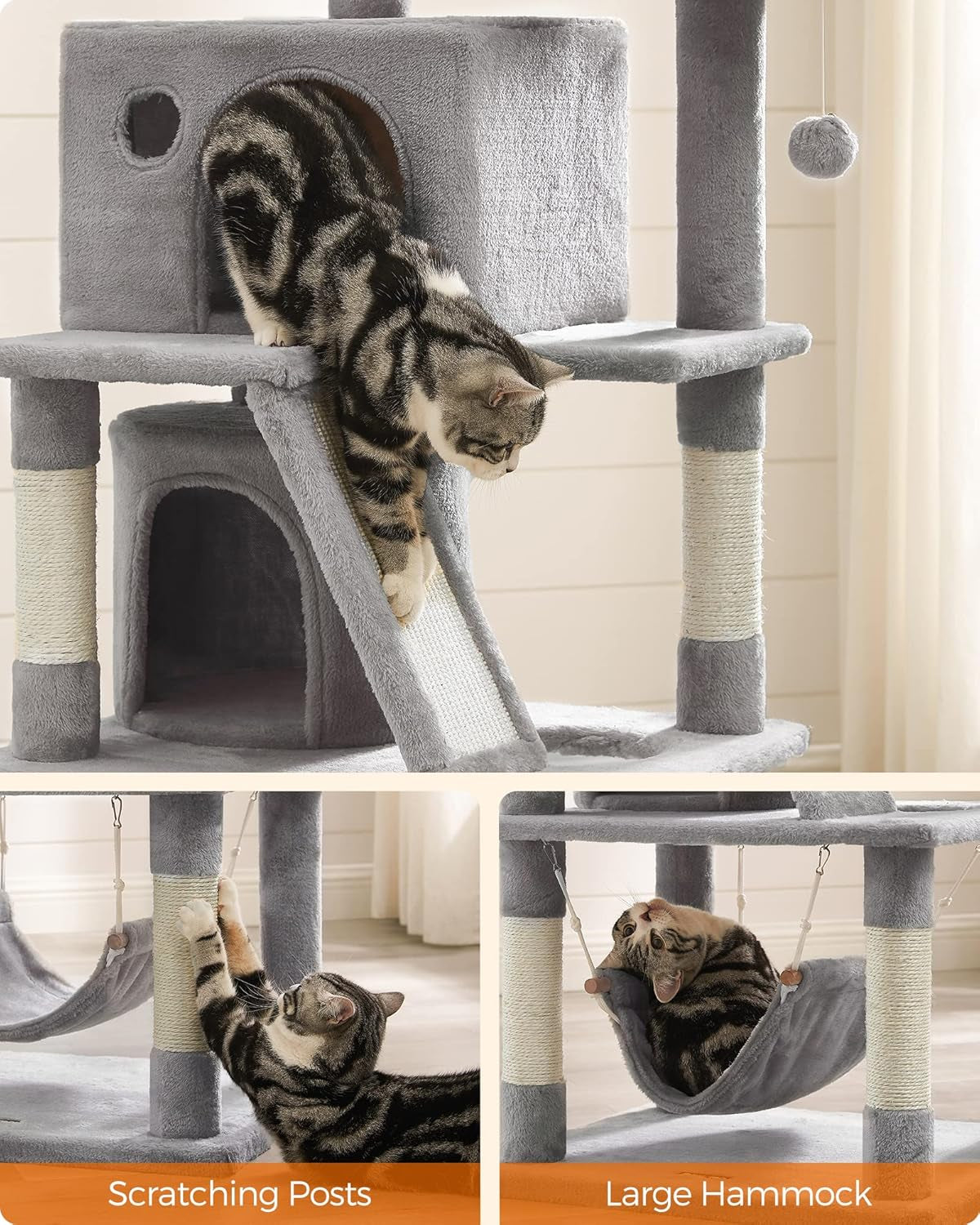 Cat Tree, Cat Tower with 2 Cat Caves, Hammock, 61 Inches, Cat Activity Center with Scratching Posts and Board, Light Gray UPCT163W01
