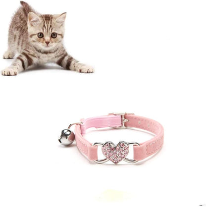 Cat Collar with Safety Belt and Bell Heart Bling 8-11 Inches (Black+Red+Pink+Blue)